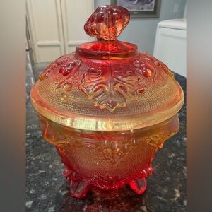 Vintage Glass Candy Jar with Lid - Red and Gold